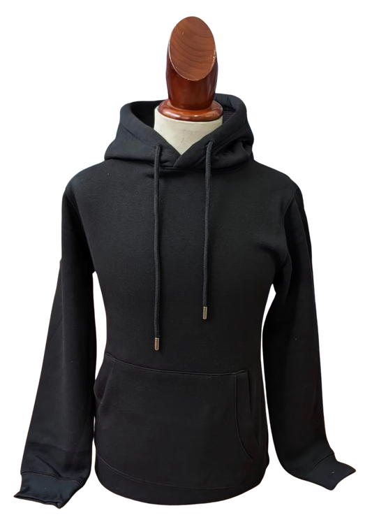 Black hoodie on a mannequin with a white background
