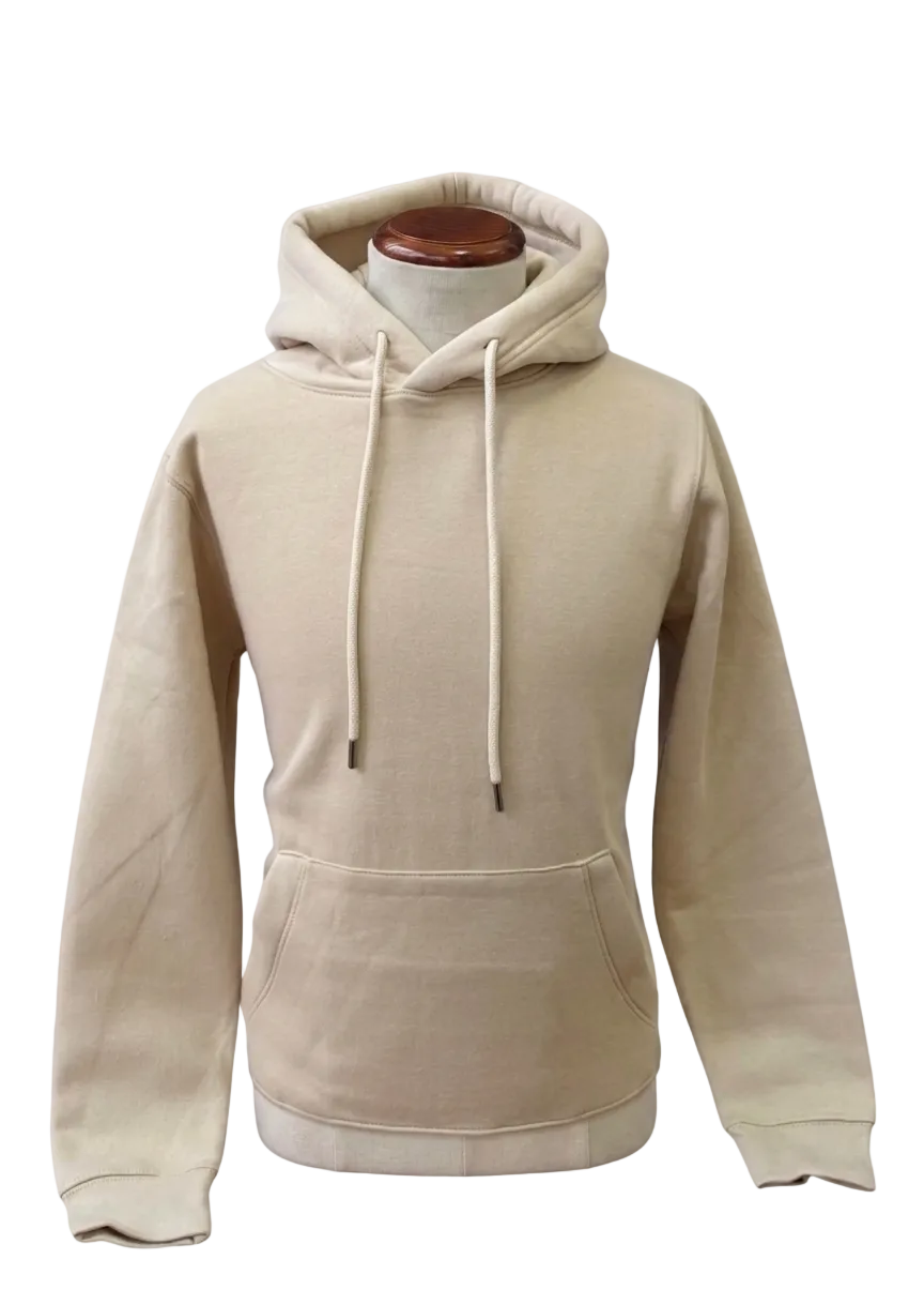 Beige hoodie on a mannequin with a white background
