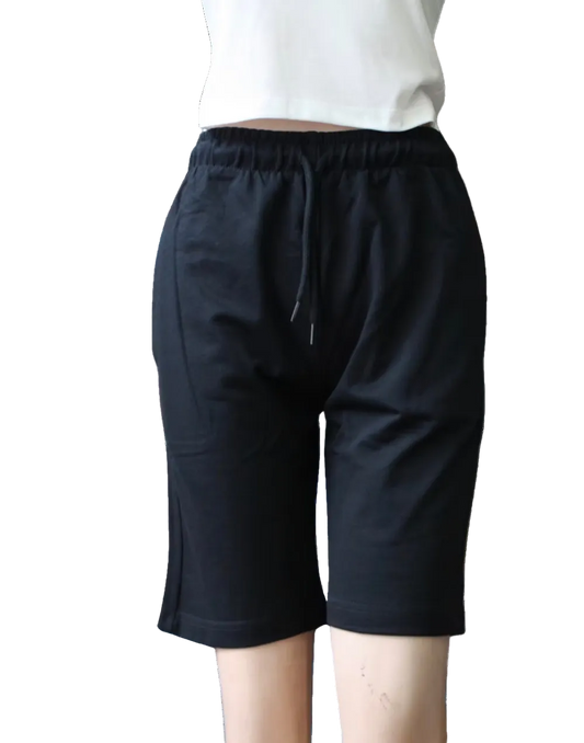 Unisex black French Terry shorts from PRINTED EVERYTHING DTF STUDIO, heavyweight cotton fabric, casual streetwear style.