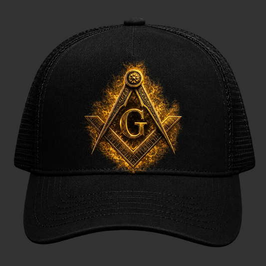 Gold Masonic Square & Compass Trucker Hat | Mesh Snapback Cap