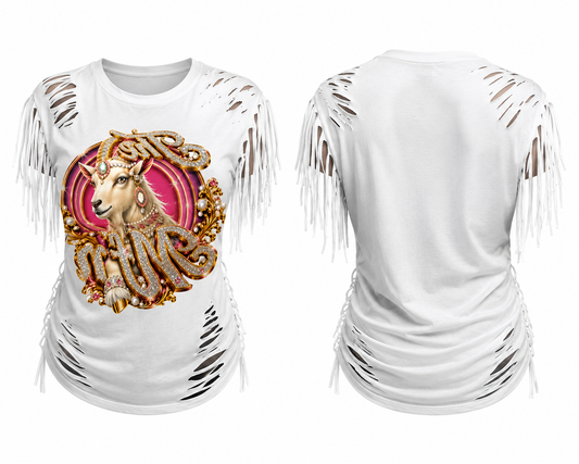Printed Everything DTF Studio distressed "THE GOAT" statement T-shirt with bold graphic and casual fit.