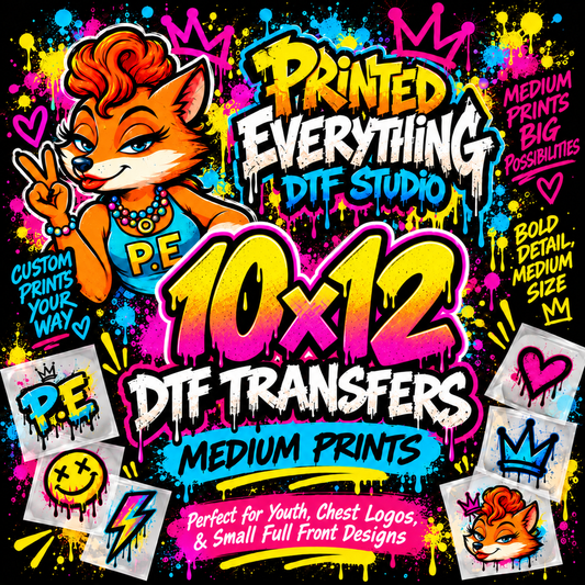 10x12 DTF transfer with custom logo and small shirt print from PRINTED EVERYTHING DTF STUDIO, showing a vibrant, detailed design.