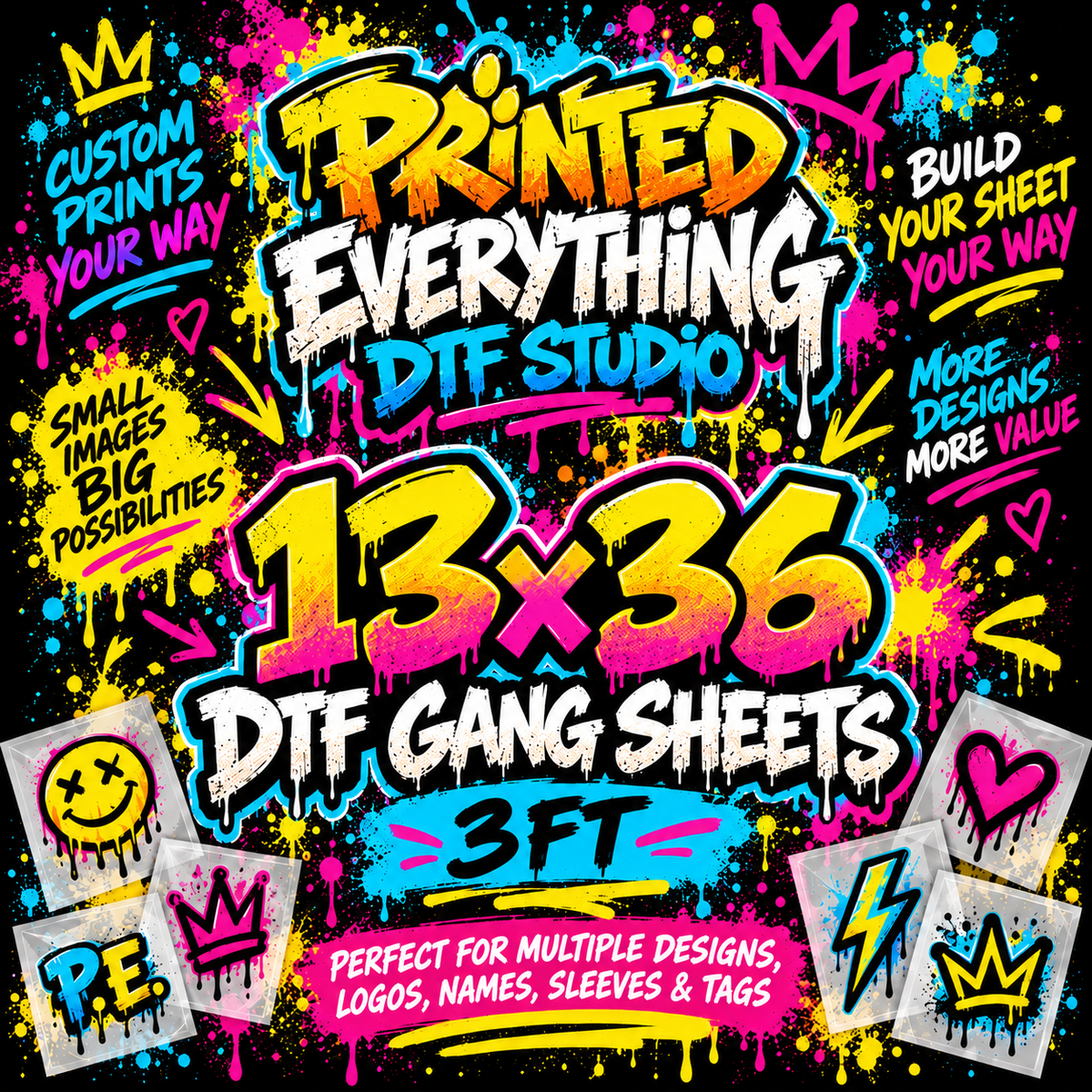 13x36 DTF gang sheet from PRINTED EVERYTHING DTF STUDIO, used for digital transfer printing on textiles.