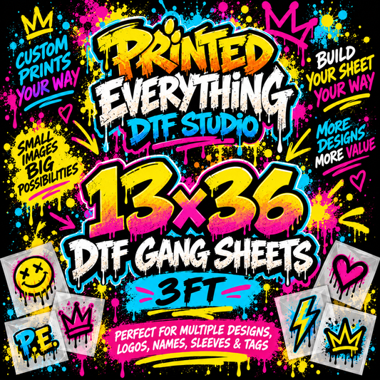 13x36 DTF gang sheet from PRINTED EVERYTHING DTF STUDIO, used for digital transfer printing on textiles.