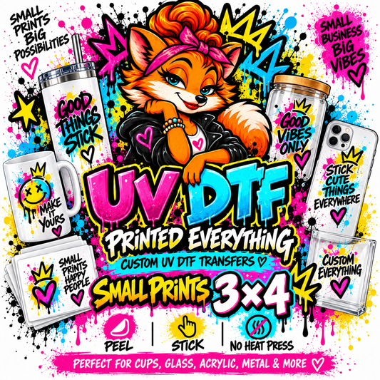 Three custom 3x4 inch UV DTF transfers from PRINTED EVERYTHING DTF STUDIO on a white background