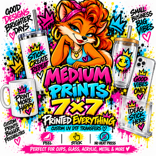 7x7 DTF transfers for UTVs from PRINTED EVERYTHING DTF STUDIO, showcasing colorful design sheets on a white background.
