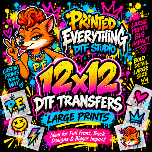 Individual 12x12 DTF transfer print from PRINTED EVERYTHING DTF STUDIO, showcasing detailed colorful design on transfer sheet.