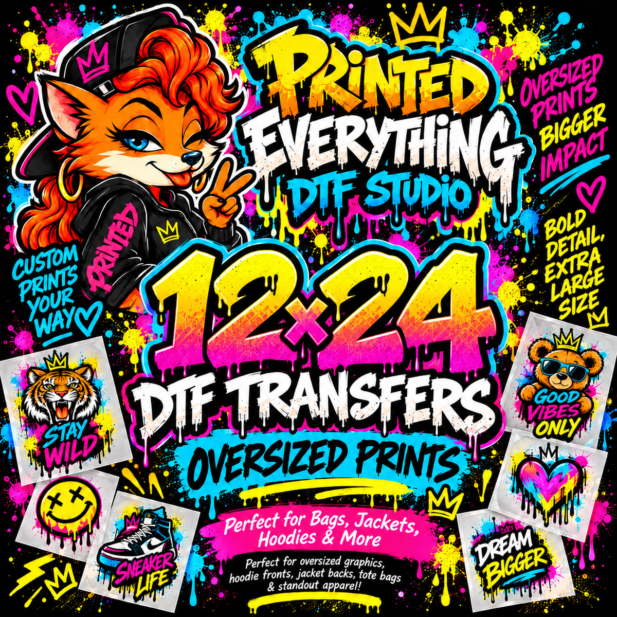 12x24 DTF transfers from PRINTED EVERYTHING DTF STUDIO, showcasing vibrant designs on a white background.