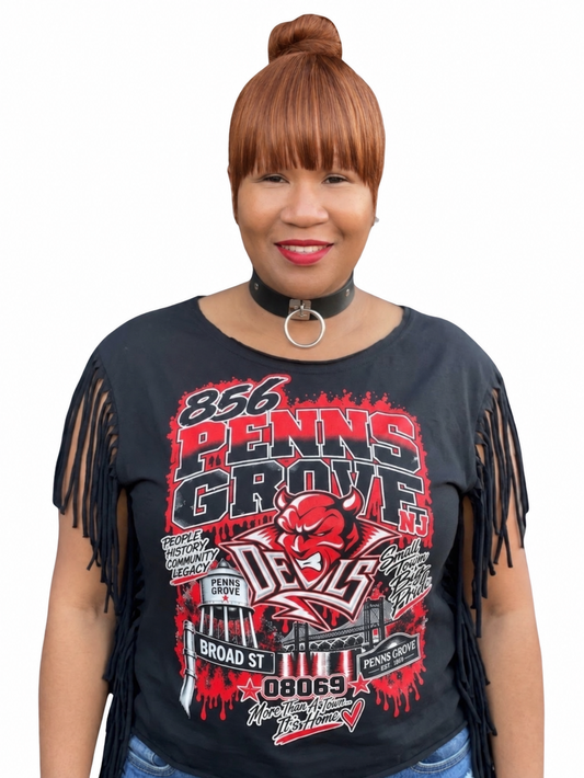 Black Penns Grove 856 Devils Fringe T-Shirt by PRINTED EVERYTHING DTF STUDIO featuring bold statement graphic on front.