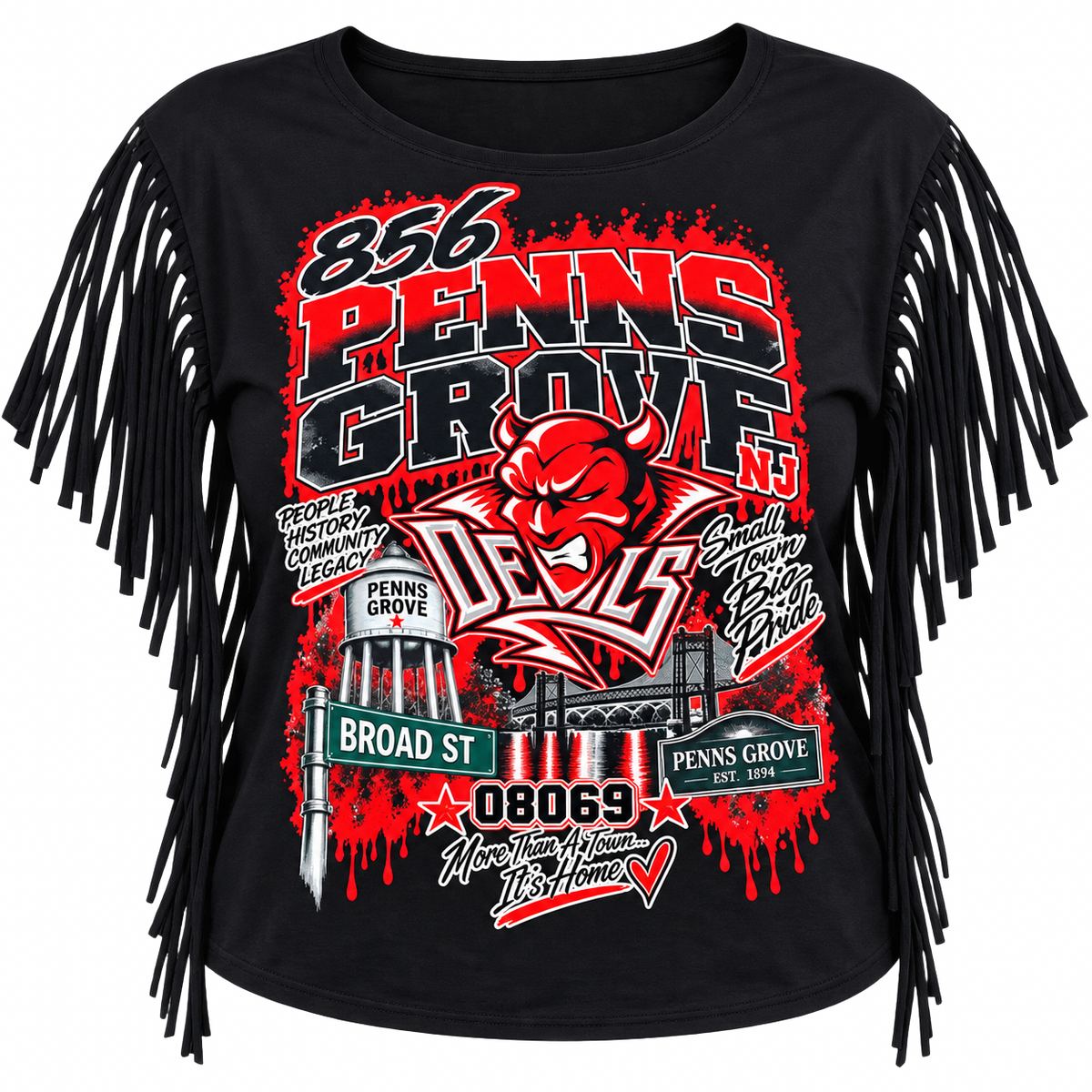 Black Penns Grove 856 Devils Fringe T-Shirt by PRINTED EVERYTHING DTF STUDIO featuring a bold statement design on the front.