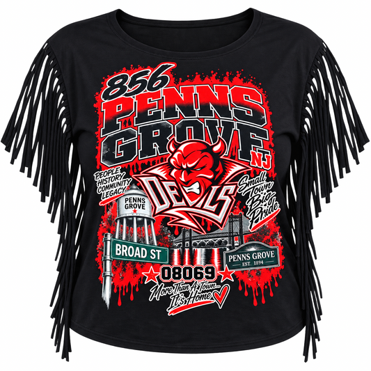 Black Penns Grove 856 Devils Fringe T-Shirt by PRINTED EVERYTHING DTF STUDIO featuring a bold statement design on the front.