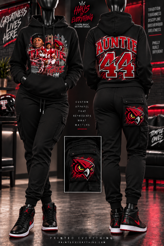 Personalized fan tribute hoodie and jogger sweatsuit set from PRINTED EVERYTHING DTF STUDIO, featuring custom text and matching athletic style.